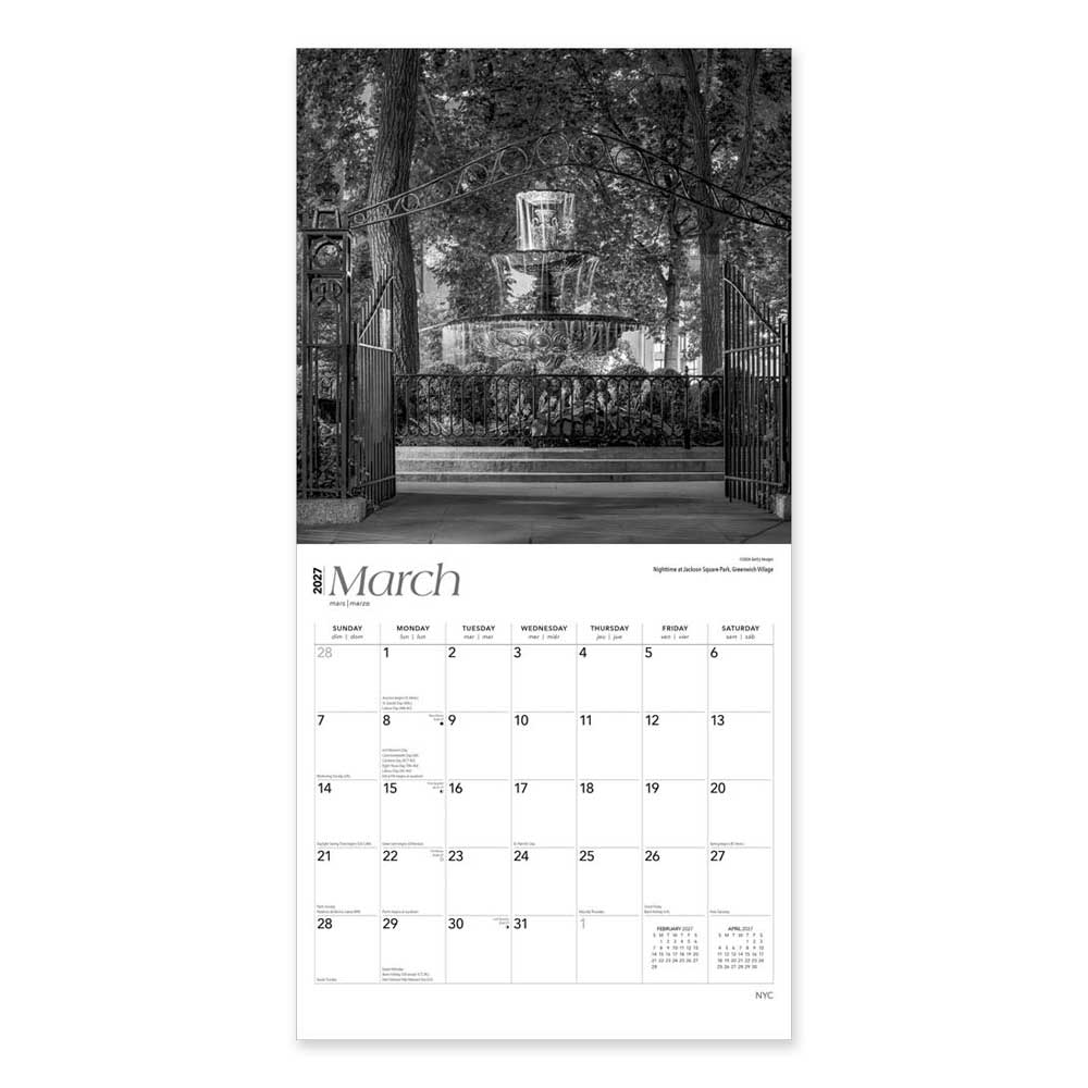 New York City Black & White Night 2027 Wall Calendar