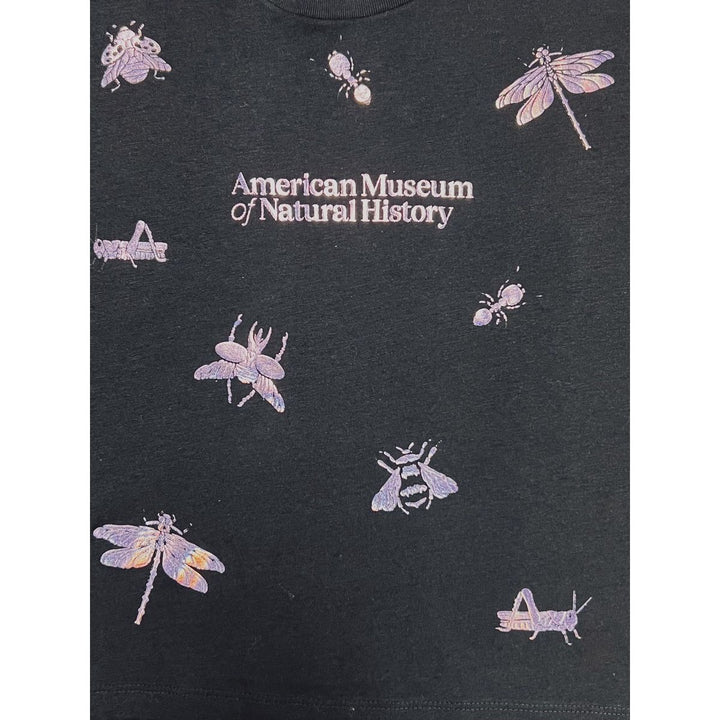 Adult AMNH Black Crop T-Shirt with Iridescent Insects closeup