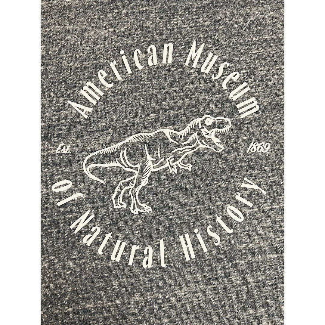 Adult AMNH Gray Dino Stamp LS Woven Top closeup