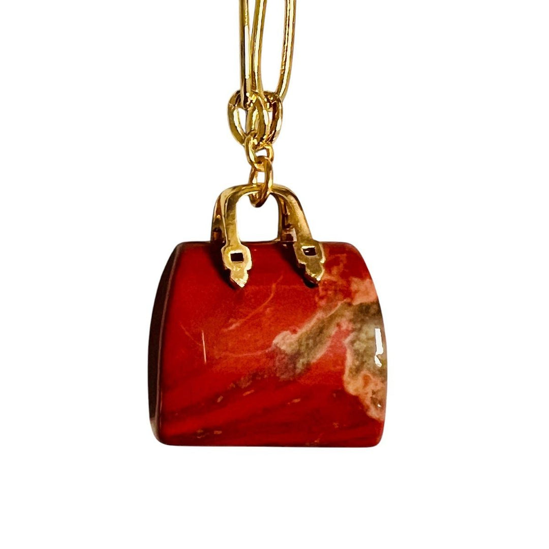 Asst Natural Gemstone Handbag Pendant on 14K GP Chain Red Jasper