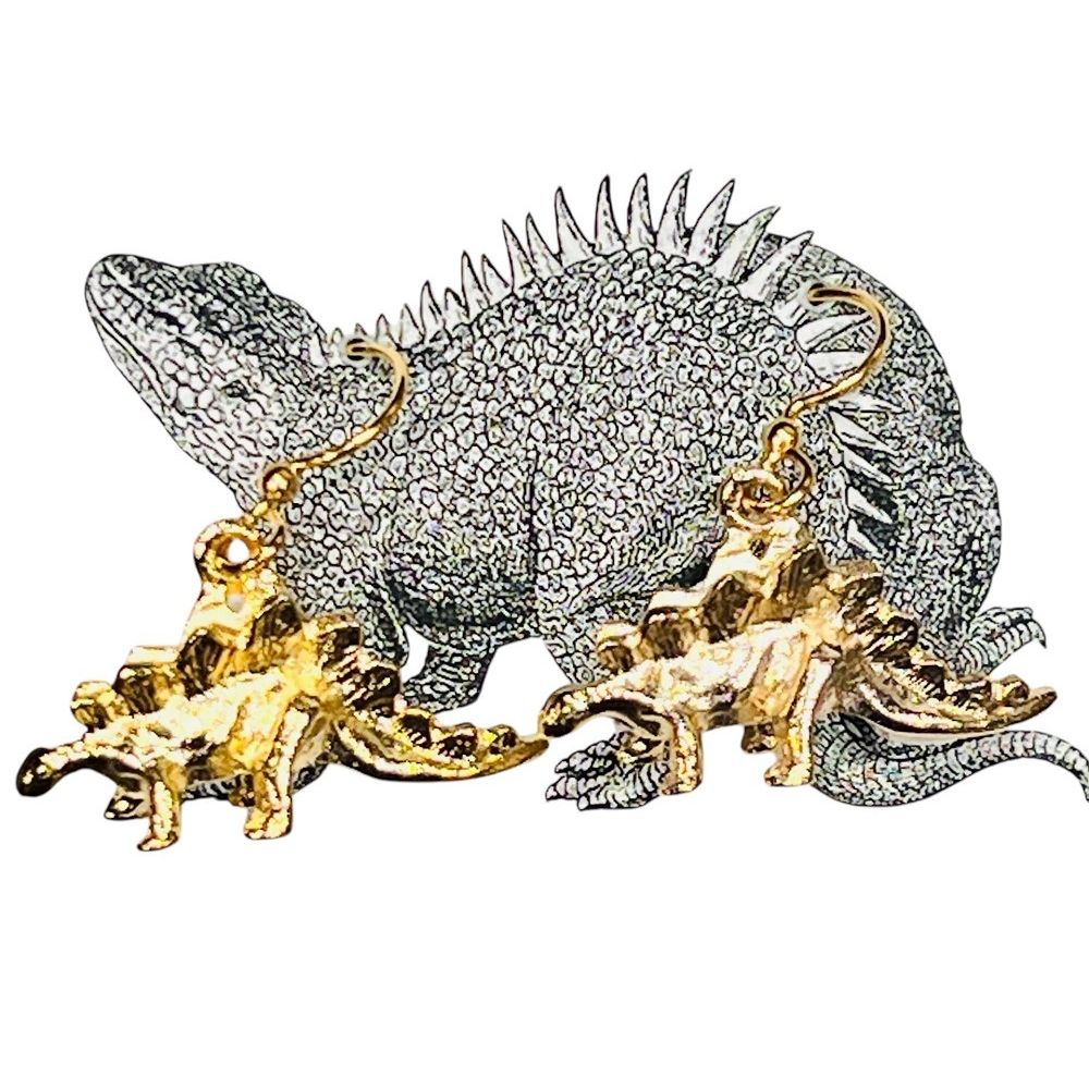 Stegosaurus 14K Gold Plated Earrings closeup