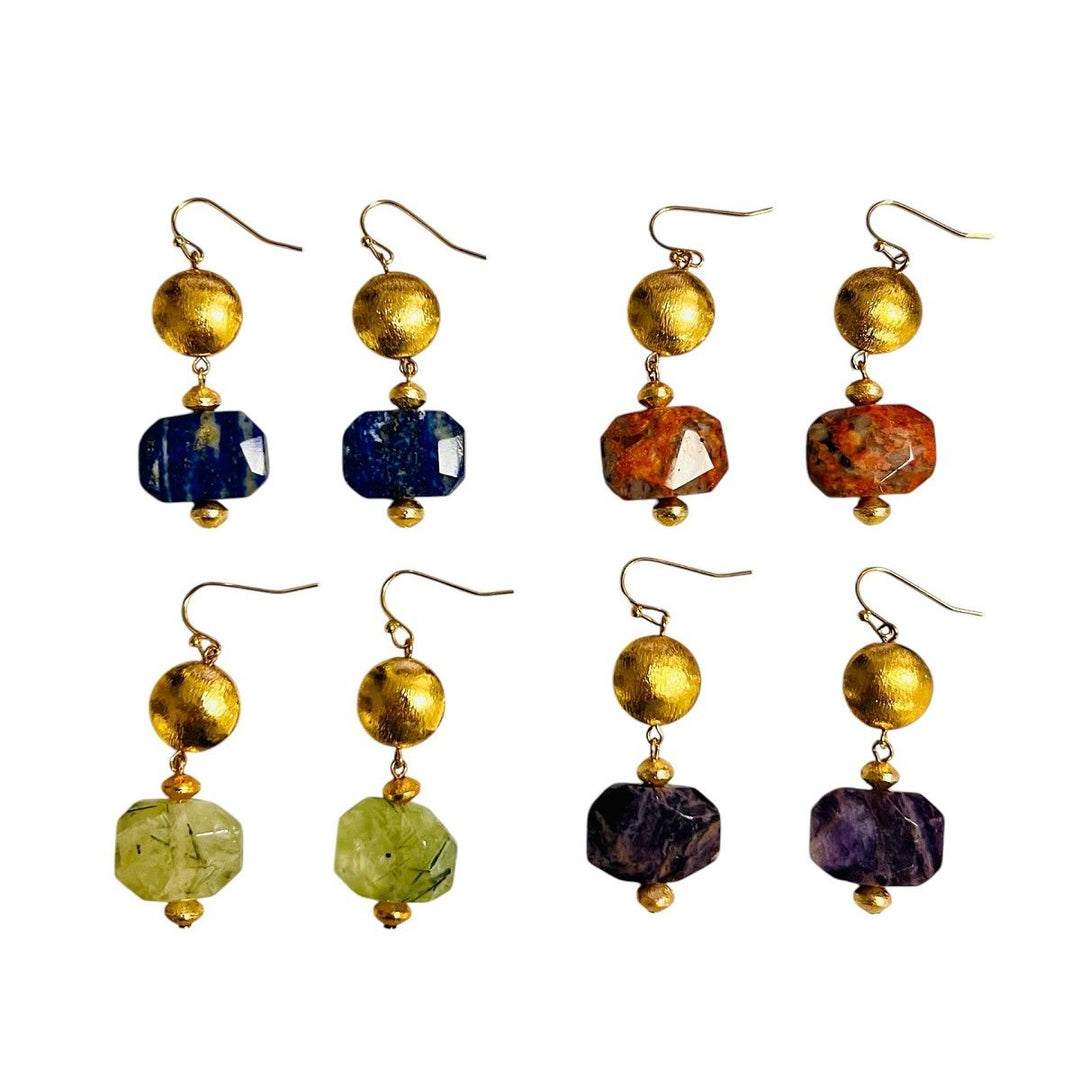Asst Natural Gemstone and Brushed Gold Disk Earrings