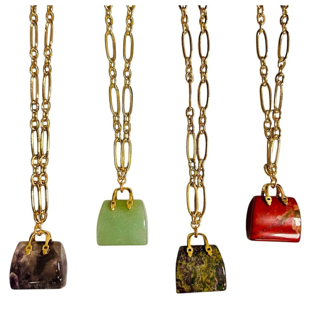 Asst Natural Gemstone Handbag Pendant on 14K GP Chain