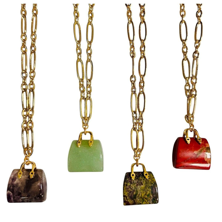 Asst Natural Gemstone Handbag Pendant on 14K GP Chain