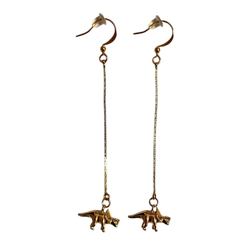  Triceratops 3 Inch Drop Earrings Closeup