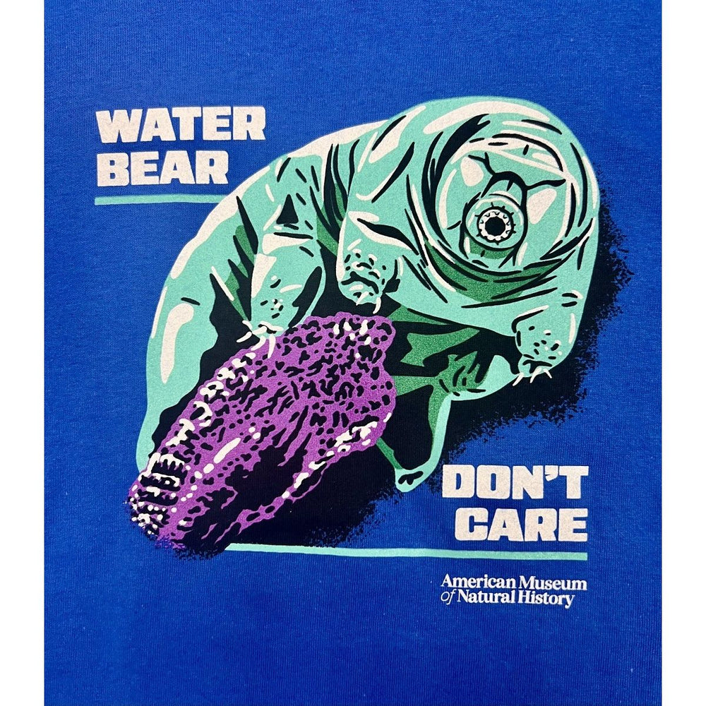 Youth Bright Blue Water Bear Don't Care T-Shirt closeup